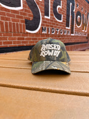 Raised Rowdy Vintage Camo A-Frame Hat: Chain Stitch Logo