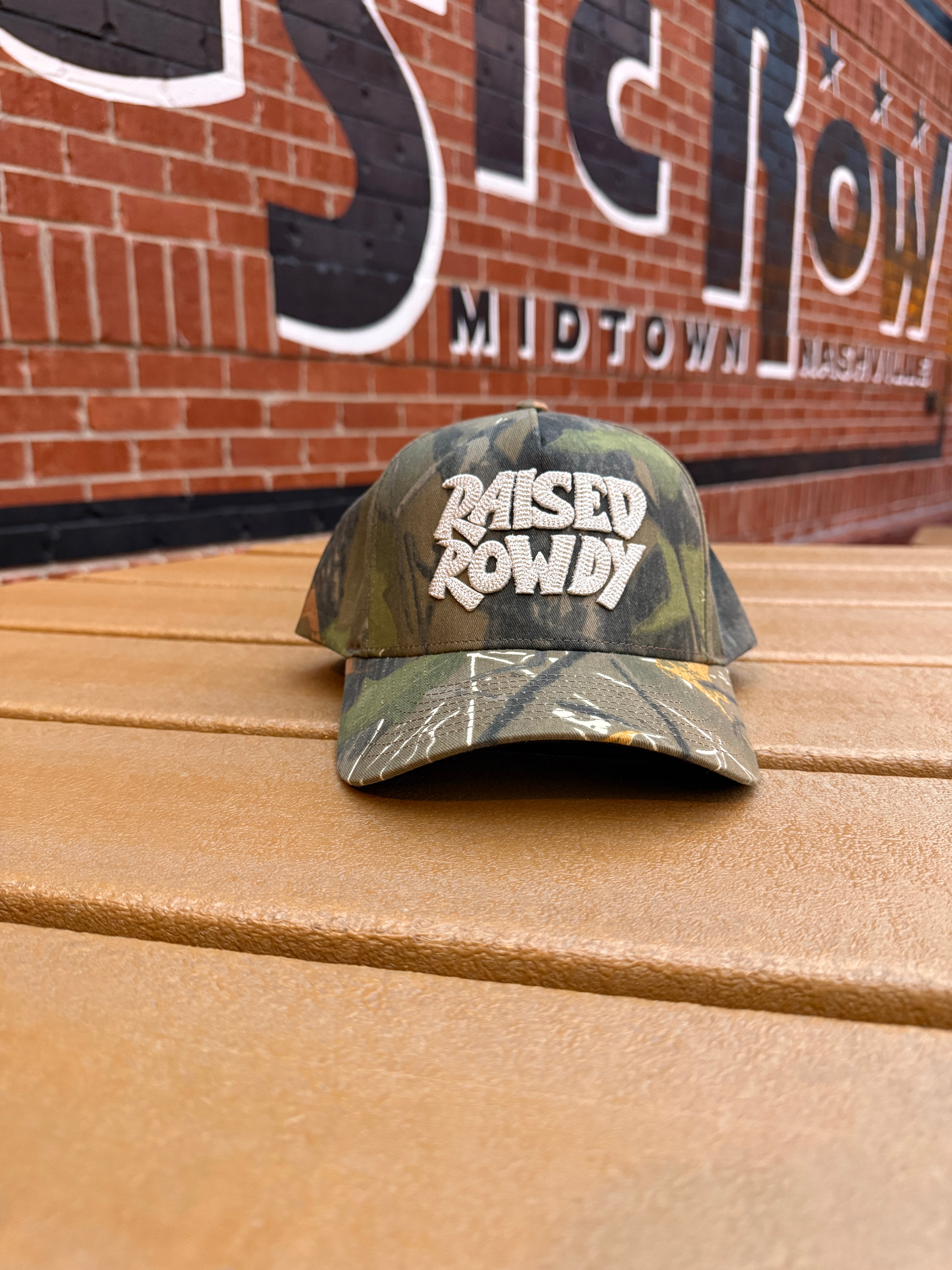 Raised Rowdy Vintage Camo A-Frame Hat: Chain Stitch Logo